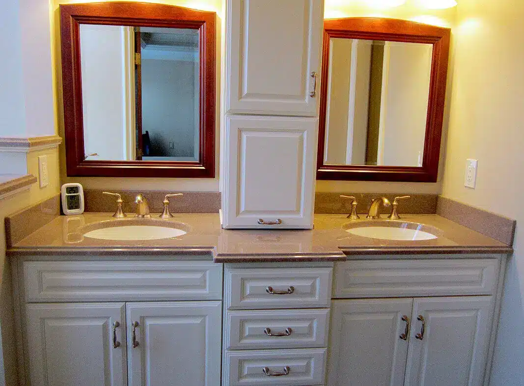 onyx collection vanity with wooden frames mirrors