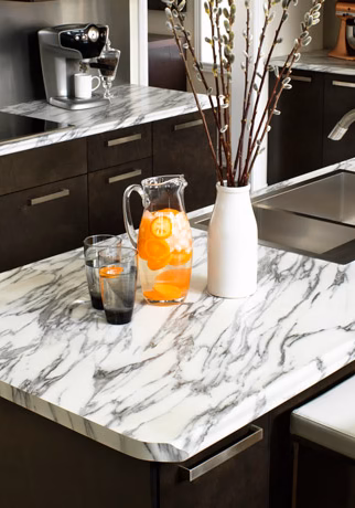arborite laminate countertop with dark cabinets