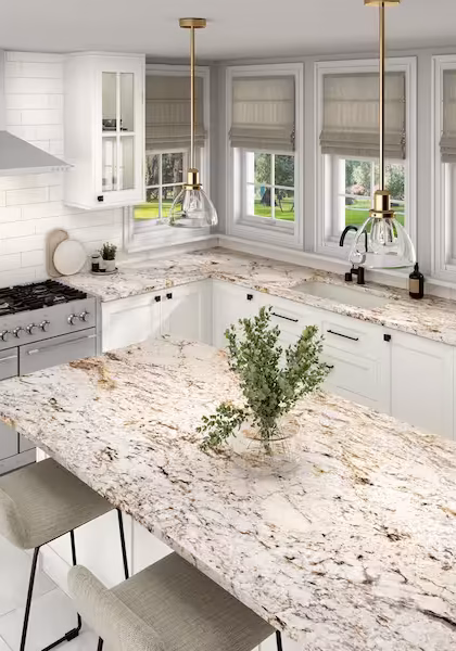 granite countertop in white kitchen