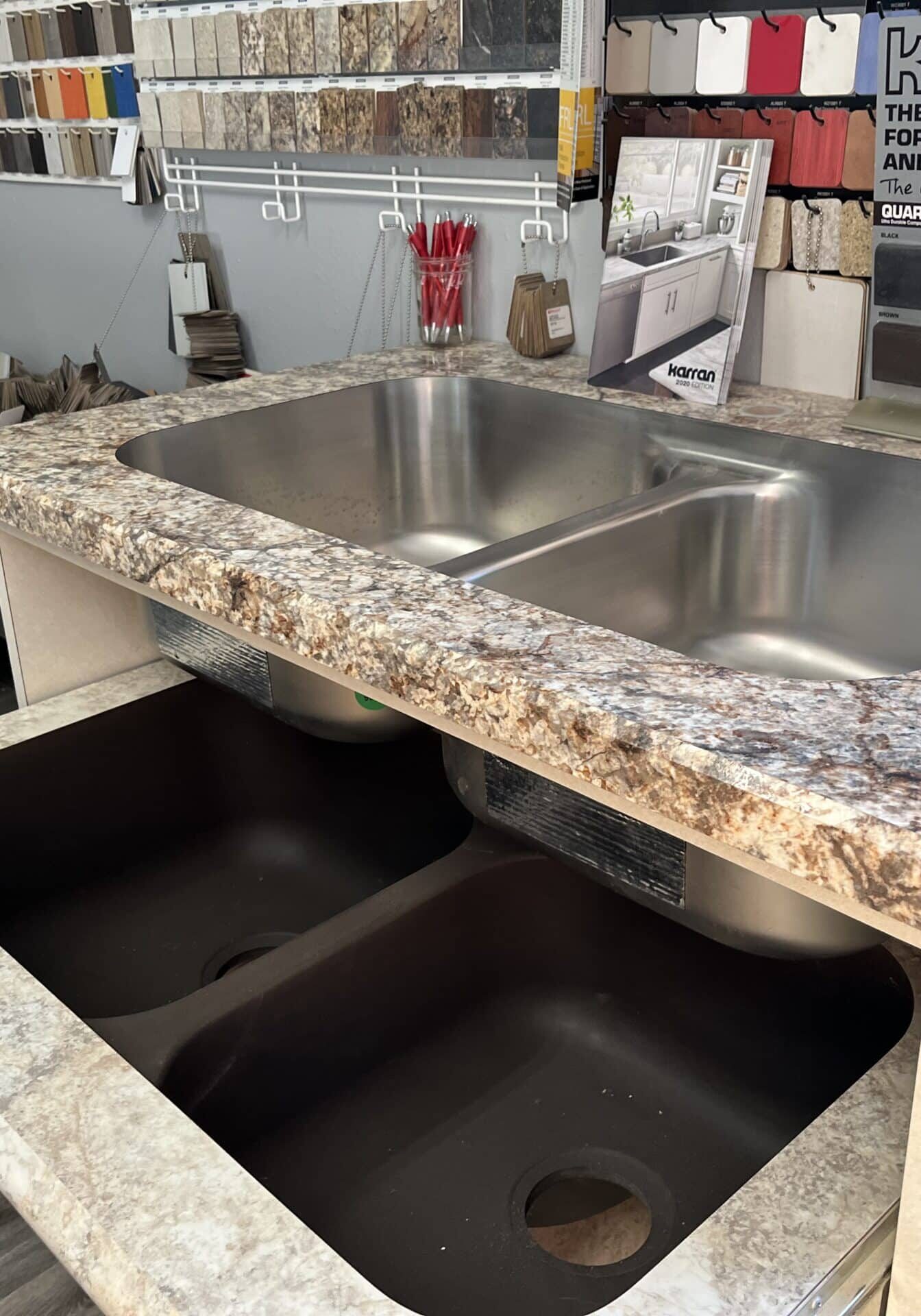 undermount sinks on display in shop